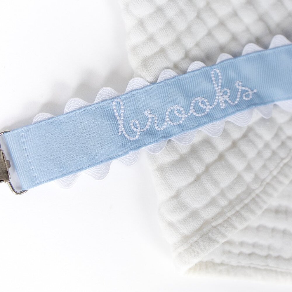 Light Blue Ric Rac Brooks Hand Lettered Pacifier Clip Paci Clip - New